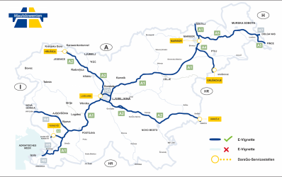 Übersicht über die Mautstraßen (Autobahnen und Schnellstraßen) in Slowenien.